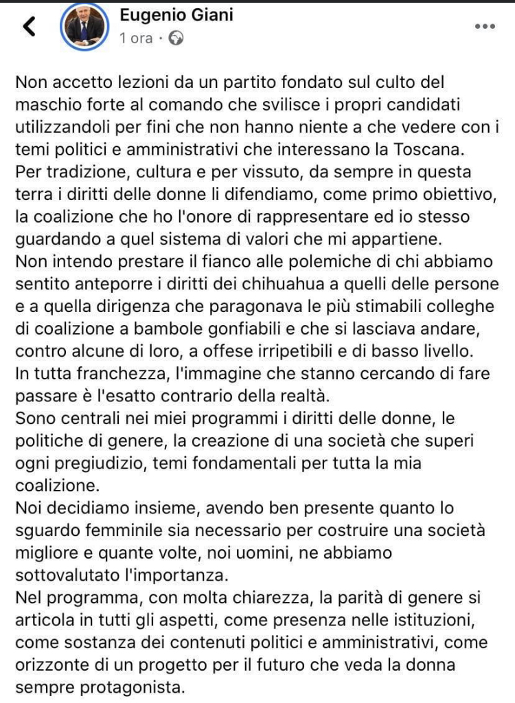 Ceccardi "al guinzaglio": Giani non si scusa